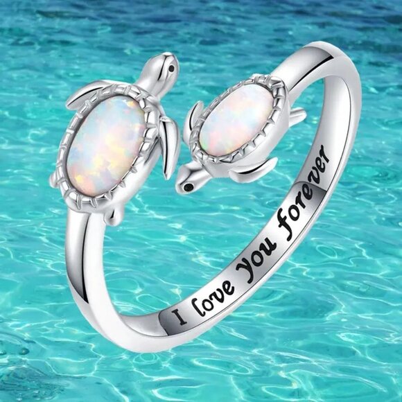 1pc Inspirational Fashion Ocean Theme Turtle Ring Ring with "I Love You Forever" - Picture 1 of 3